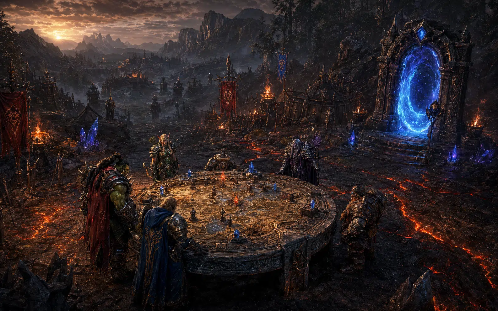 Реалистичная фэнтези 3D-сцена: боевой лагерь, портал, герои, кристаллы и лавовые трещины